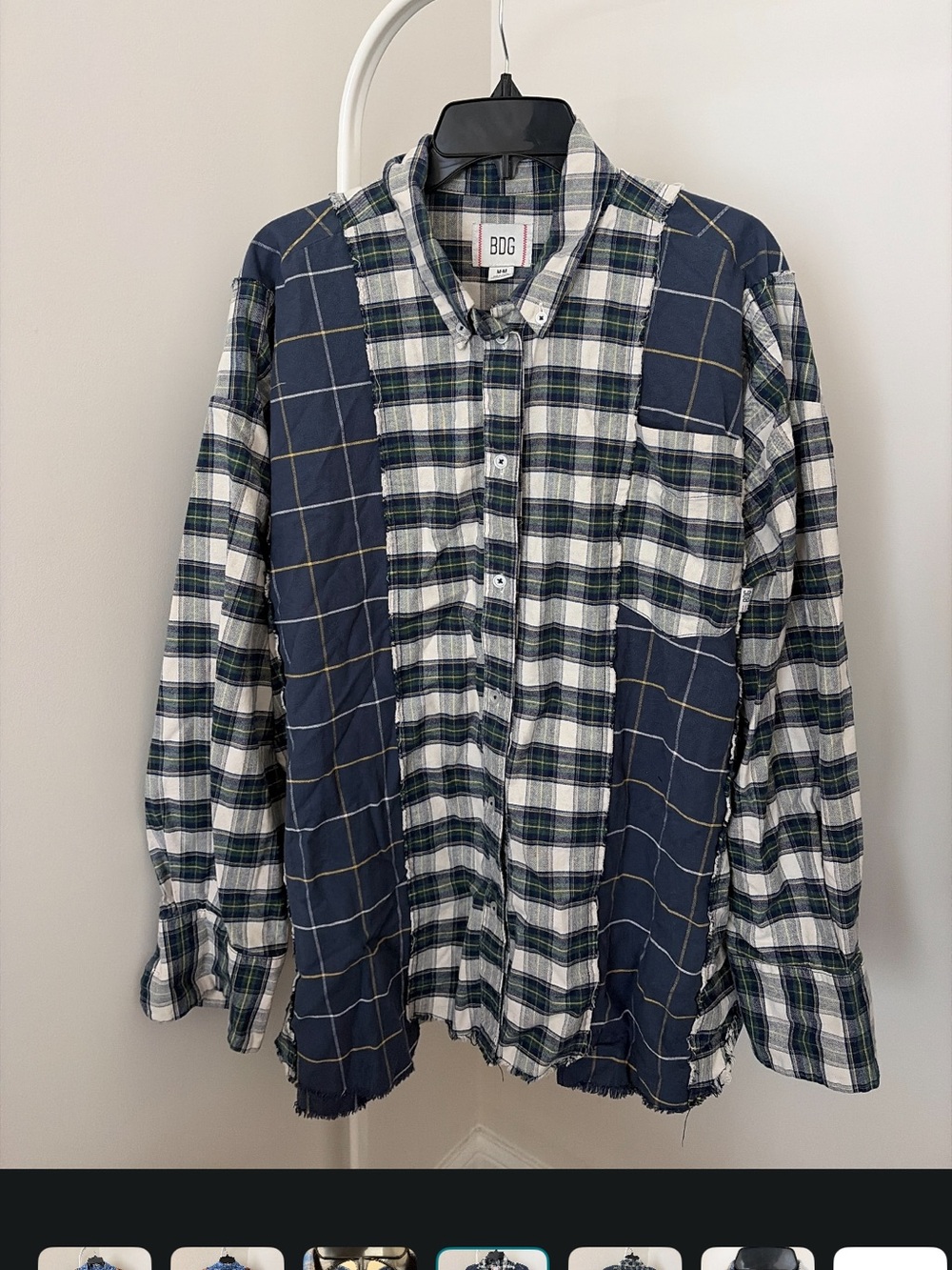 BDG Patchwork Navy, White & Green Plaid Button-Up Shirt
